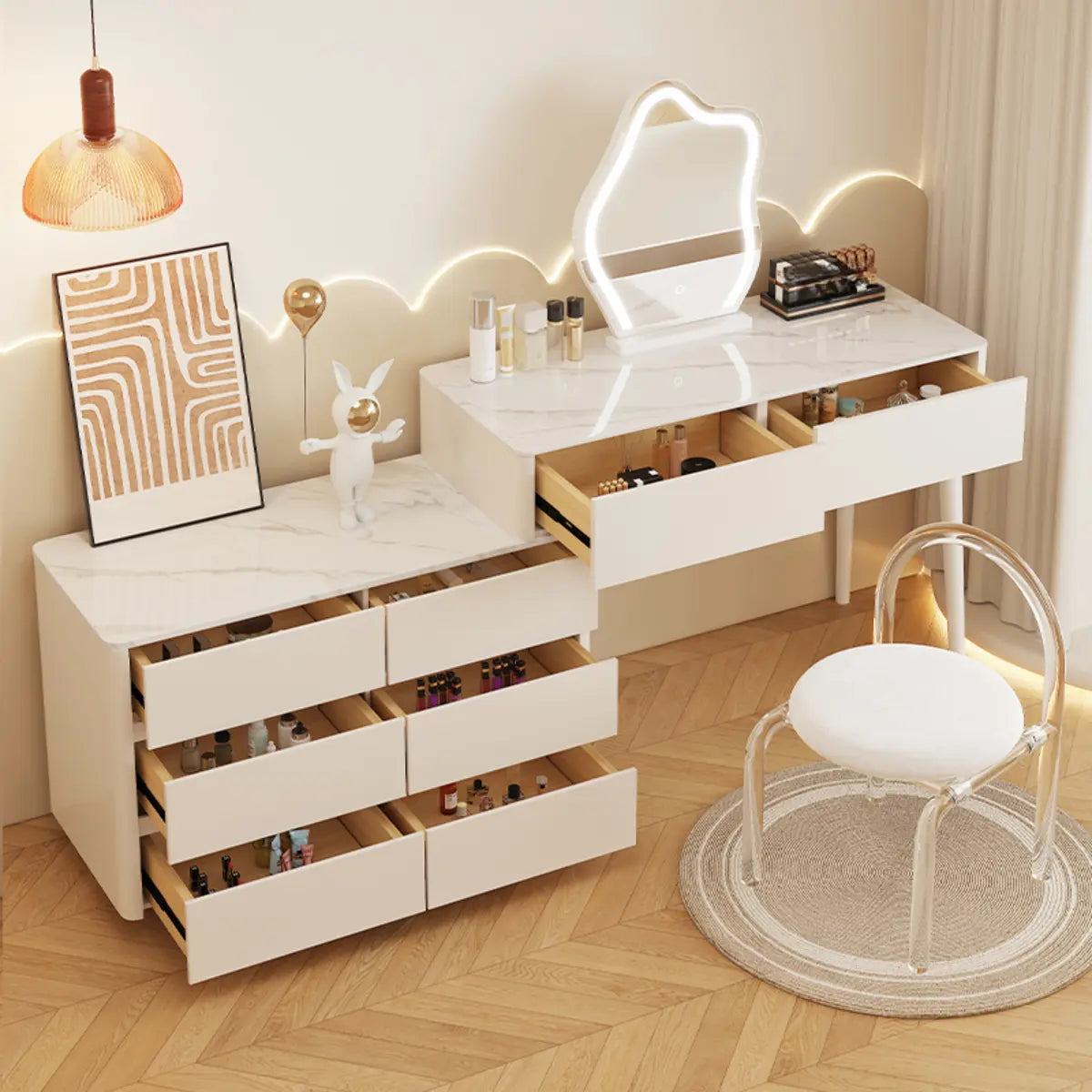 Modern Wavy Marble LED White Adjustable Makeup Vanity Set Image - 6