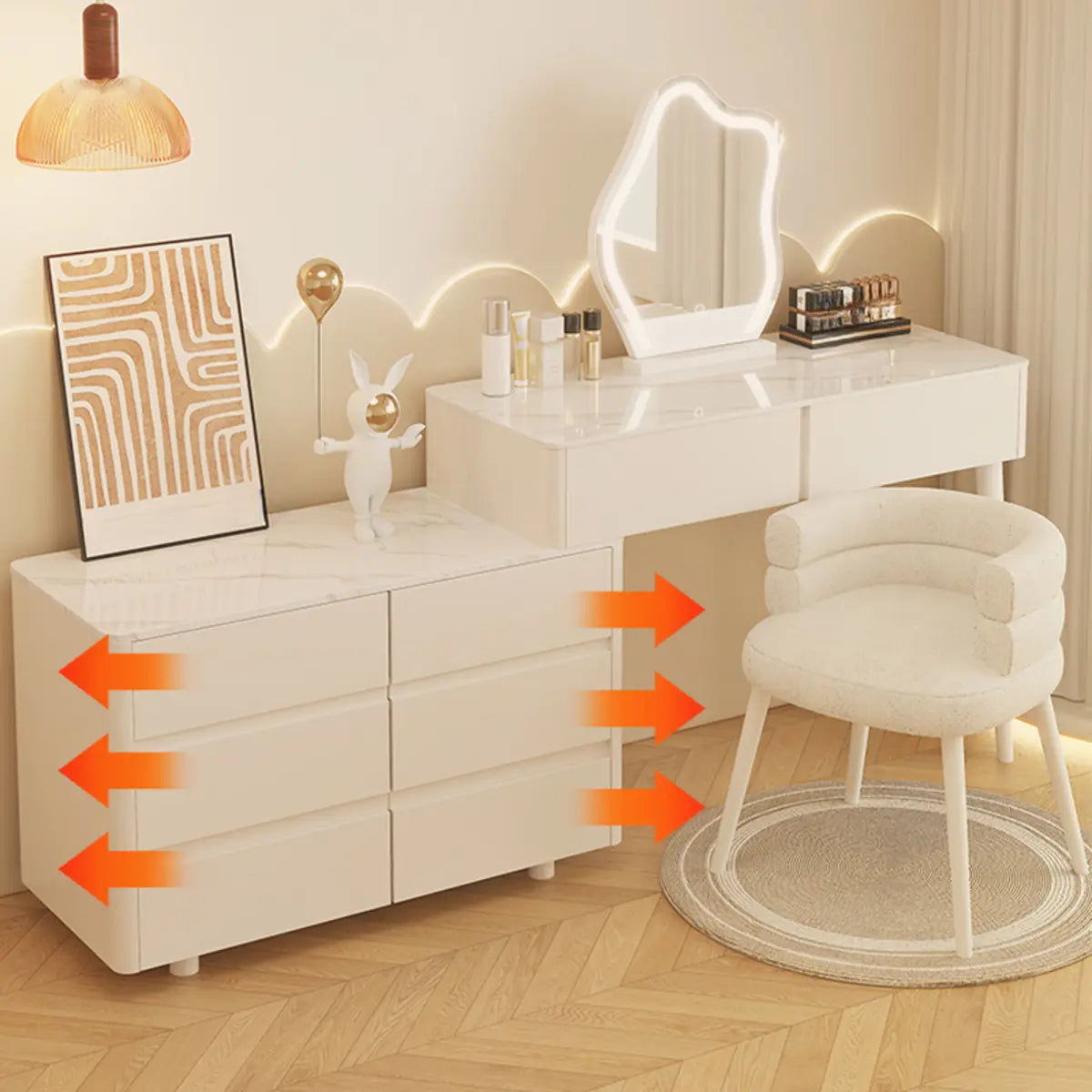 Modern Wavy Marble LED White Adjustable Makeup Vanity Set Image - 8