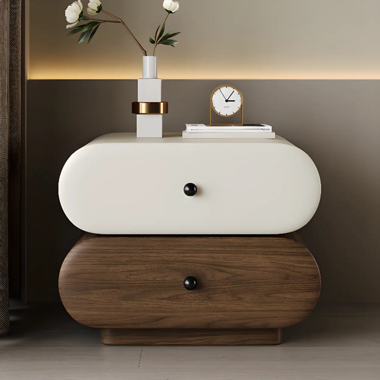 Modern White Brown Oval Nightstand with Rounded Drawers Image - 1