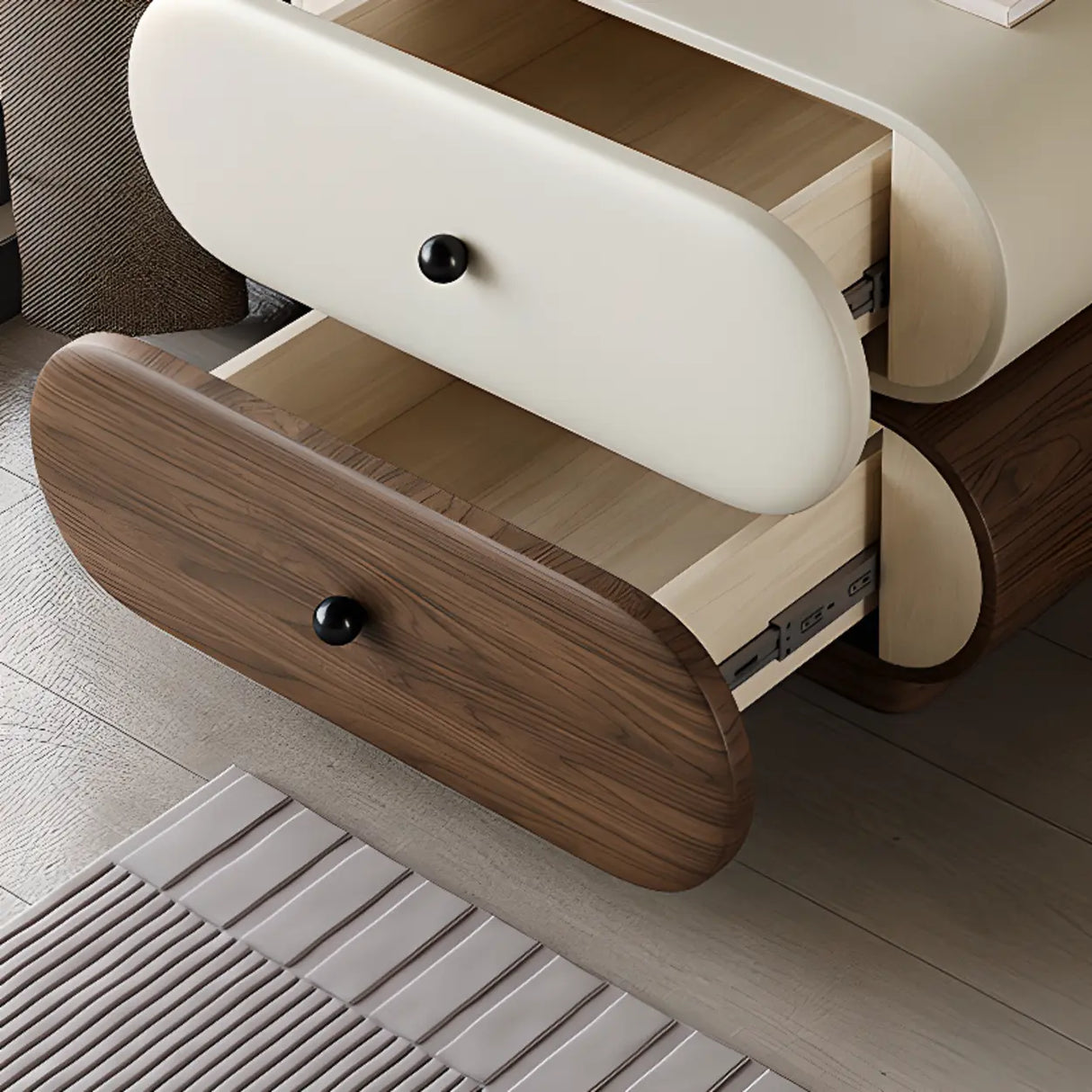 Modern White Brown Oval Nightstand with Rounded Drawers Image - 11