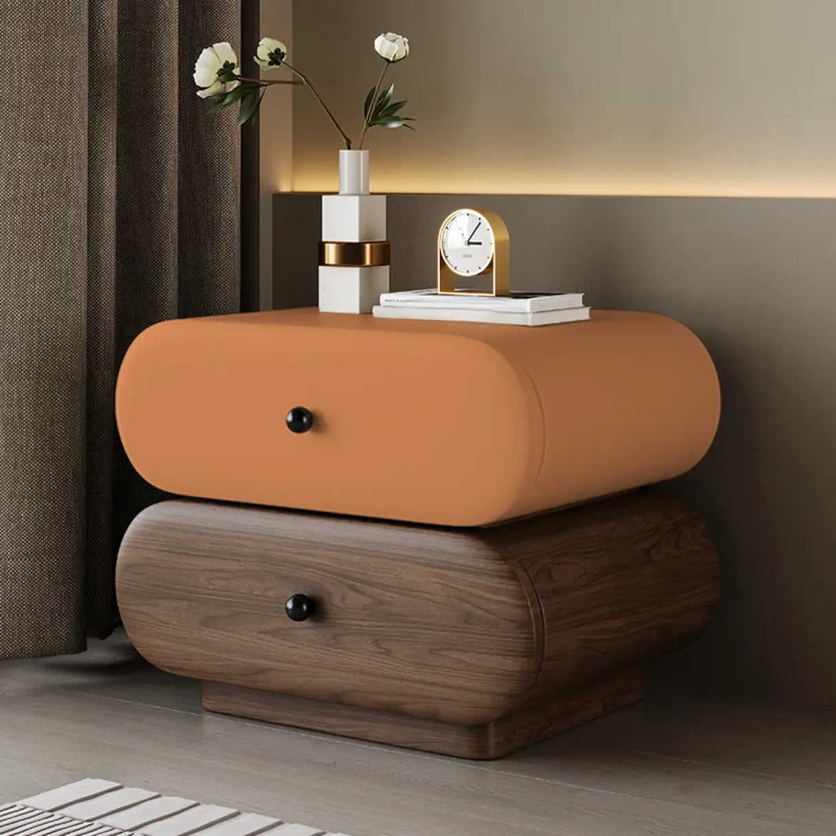 Modern White Brown Oval Nightstand with Rounded Drawers Image - 2
