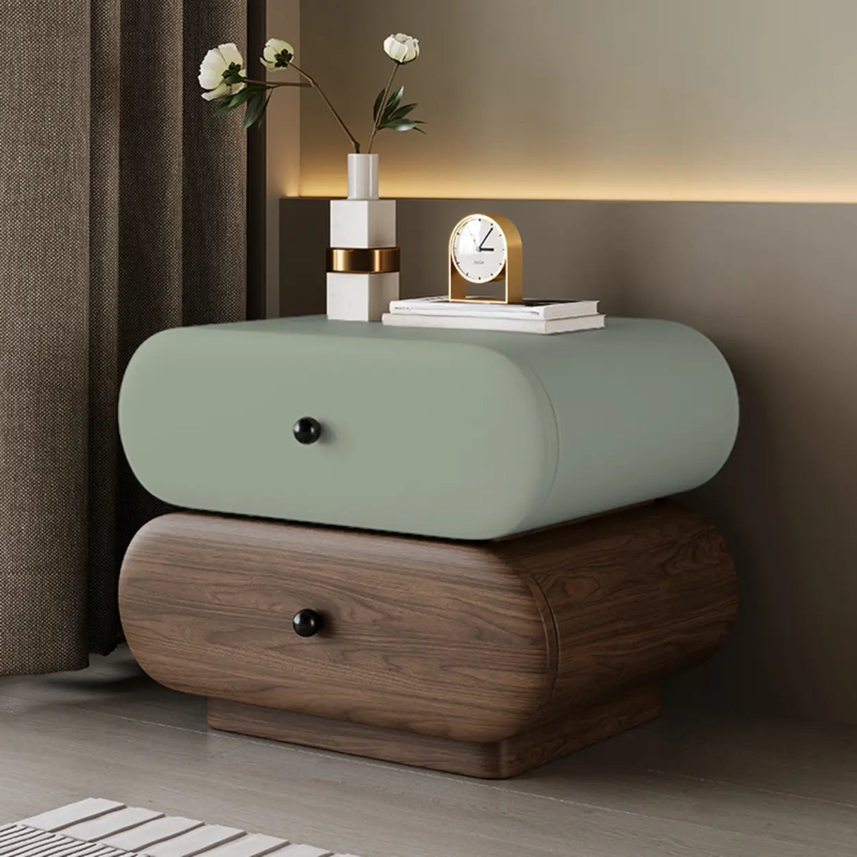 Modern White Brown Oval Nightstand with Rounded Drawers Image - 3