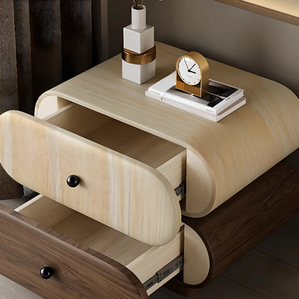 Modern White Brown Oval Nightstand with Rounded Drawers Image - 4