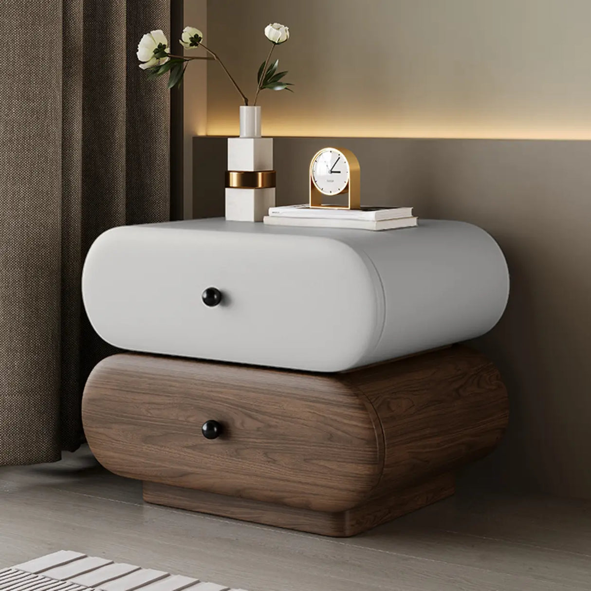 Modern White Brown Oval Nightstand with Rounded Drawers Image - 5