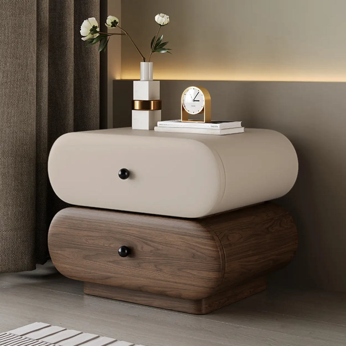 Modern White Brown Oval Nightstand with Rounded Drawers Image - 7