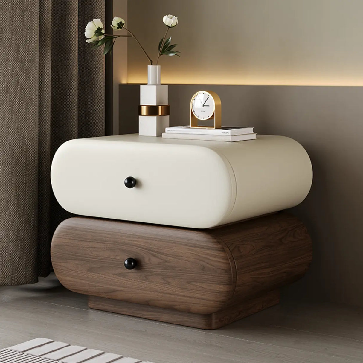 Modern White Brown Oval Nightstand with Rounded Drawers Image - 9