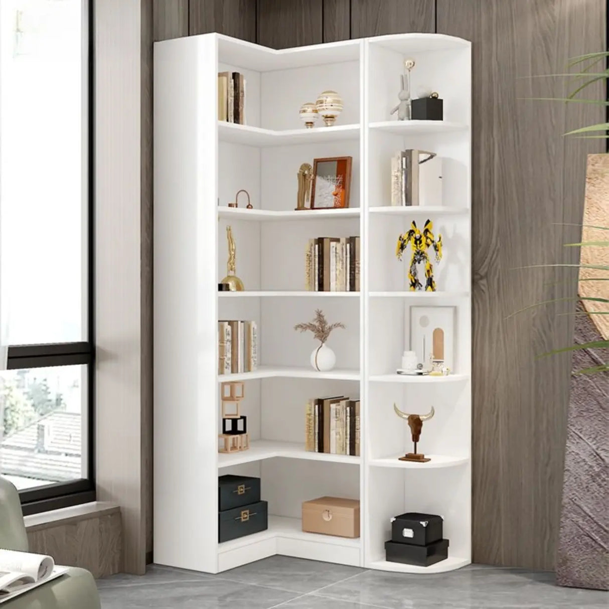 Modern White Composite Wood Corner Large Bookcases Image - 1