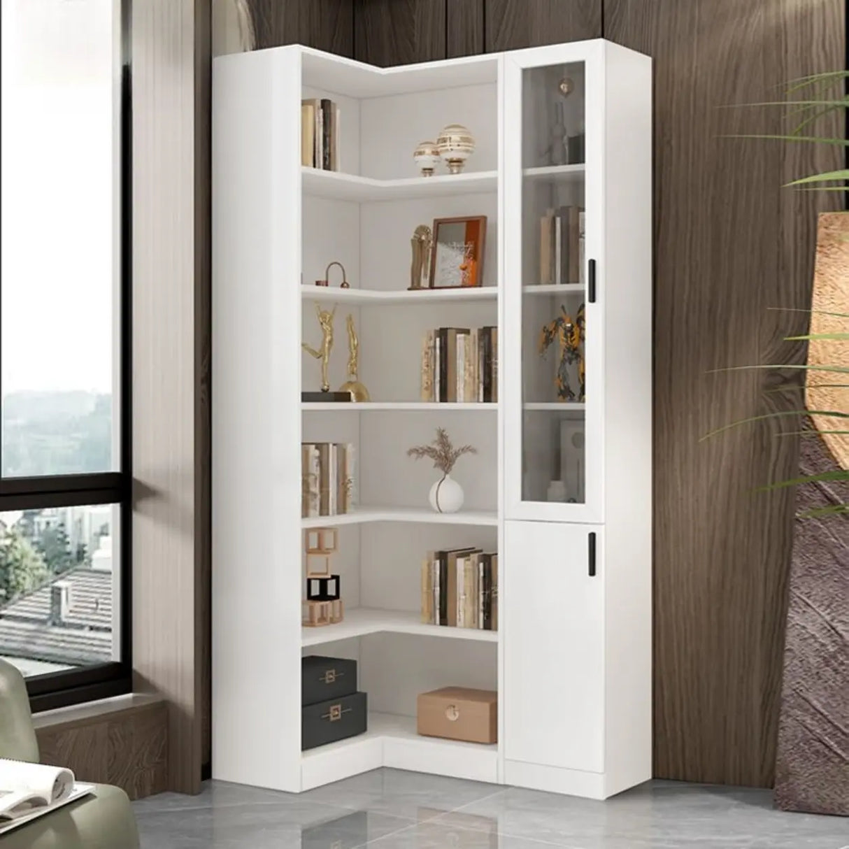 Modern White Composite Wood Corner Large Bookcases Image - 2