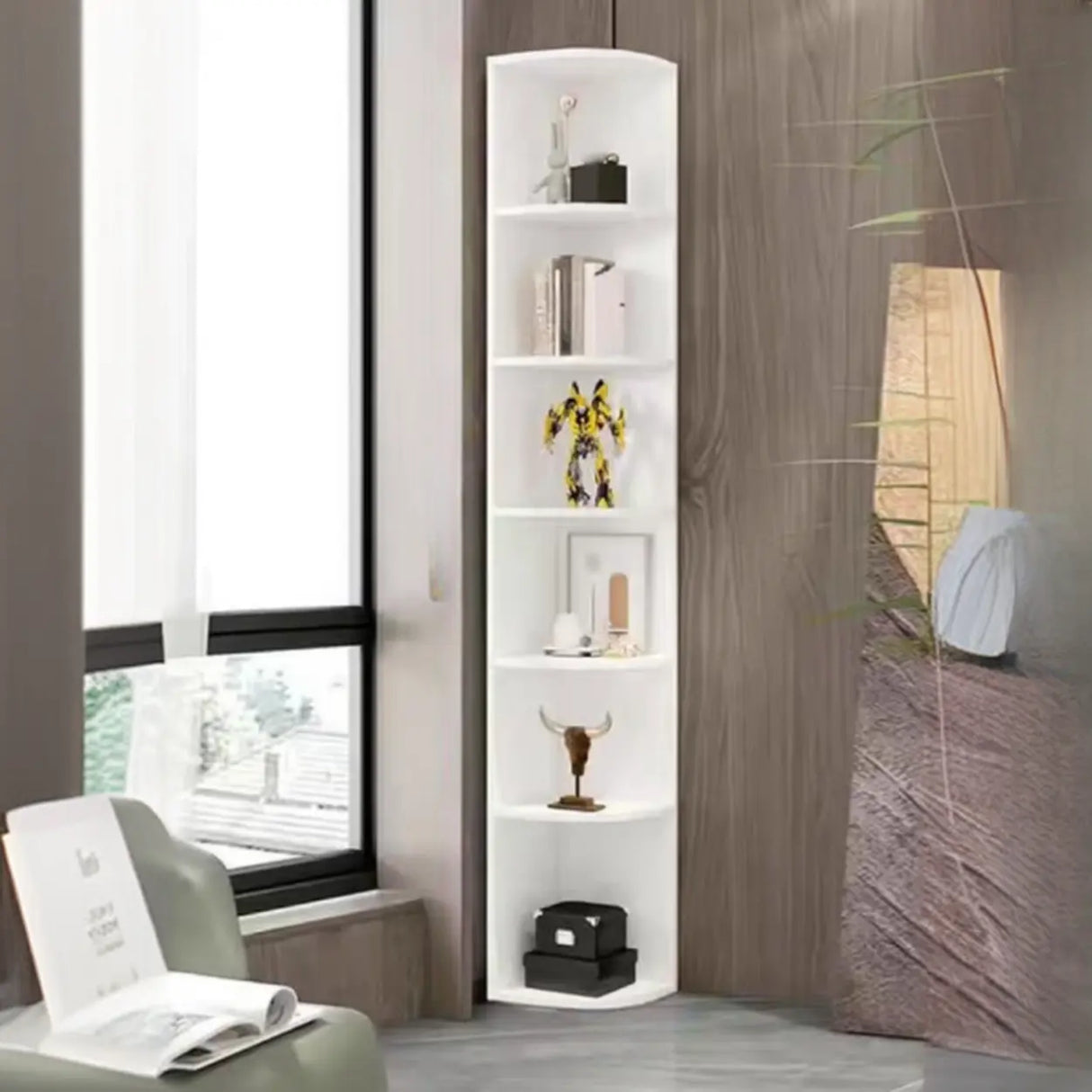 Modern White Composite Wood Corner Large Bookcases Image - 3