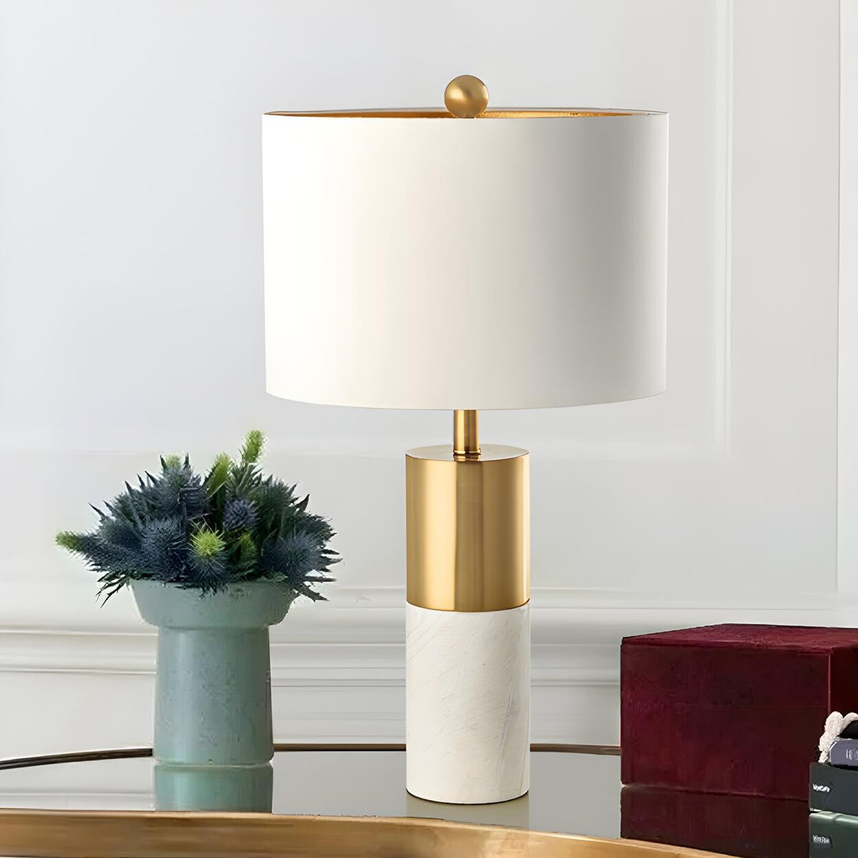 Modern White Cylinder Fabric Shade Stone Table Lamp Image - 1