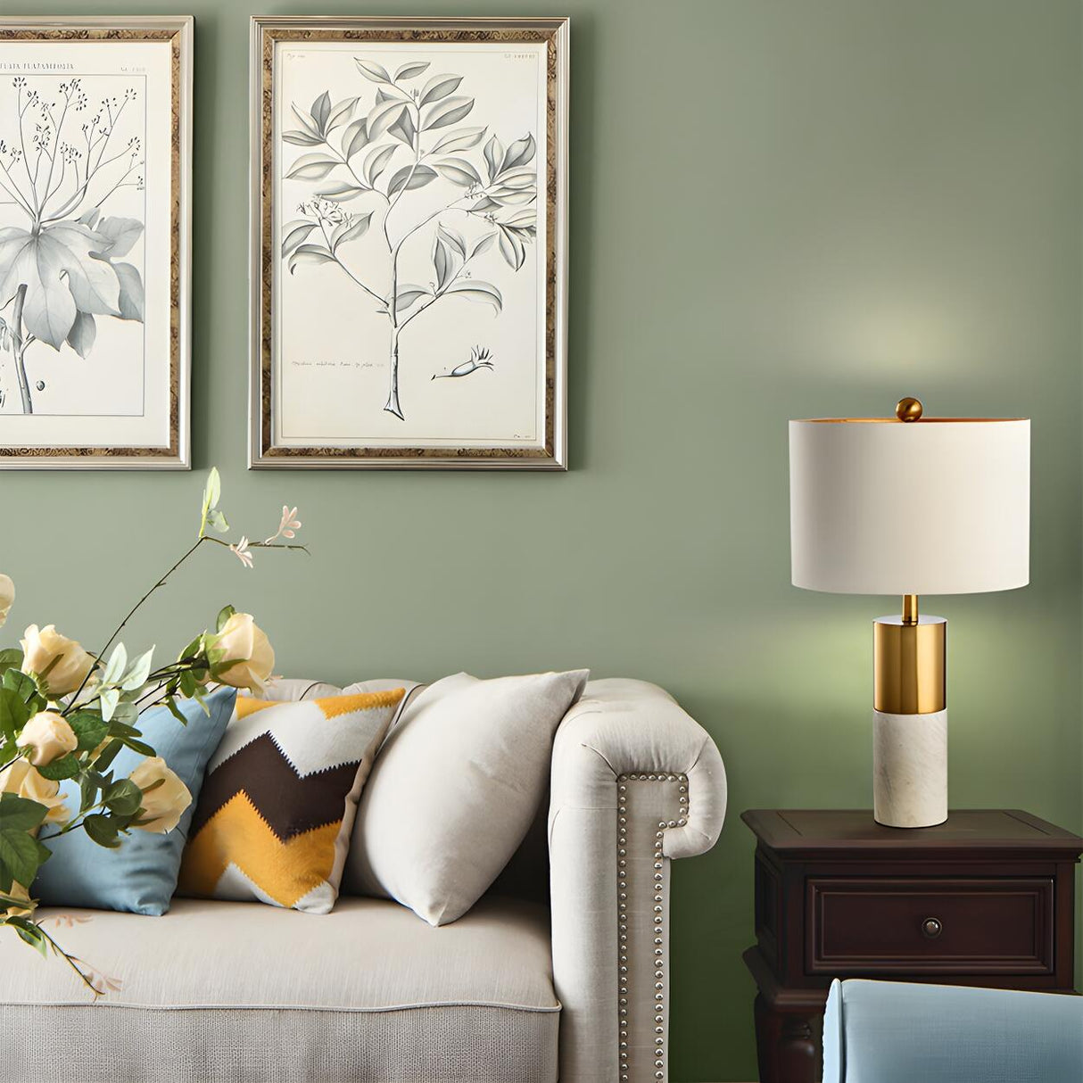 Modern White Cylinder Fabric Shade Stone Table Lamp Image - 13