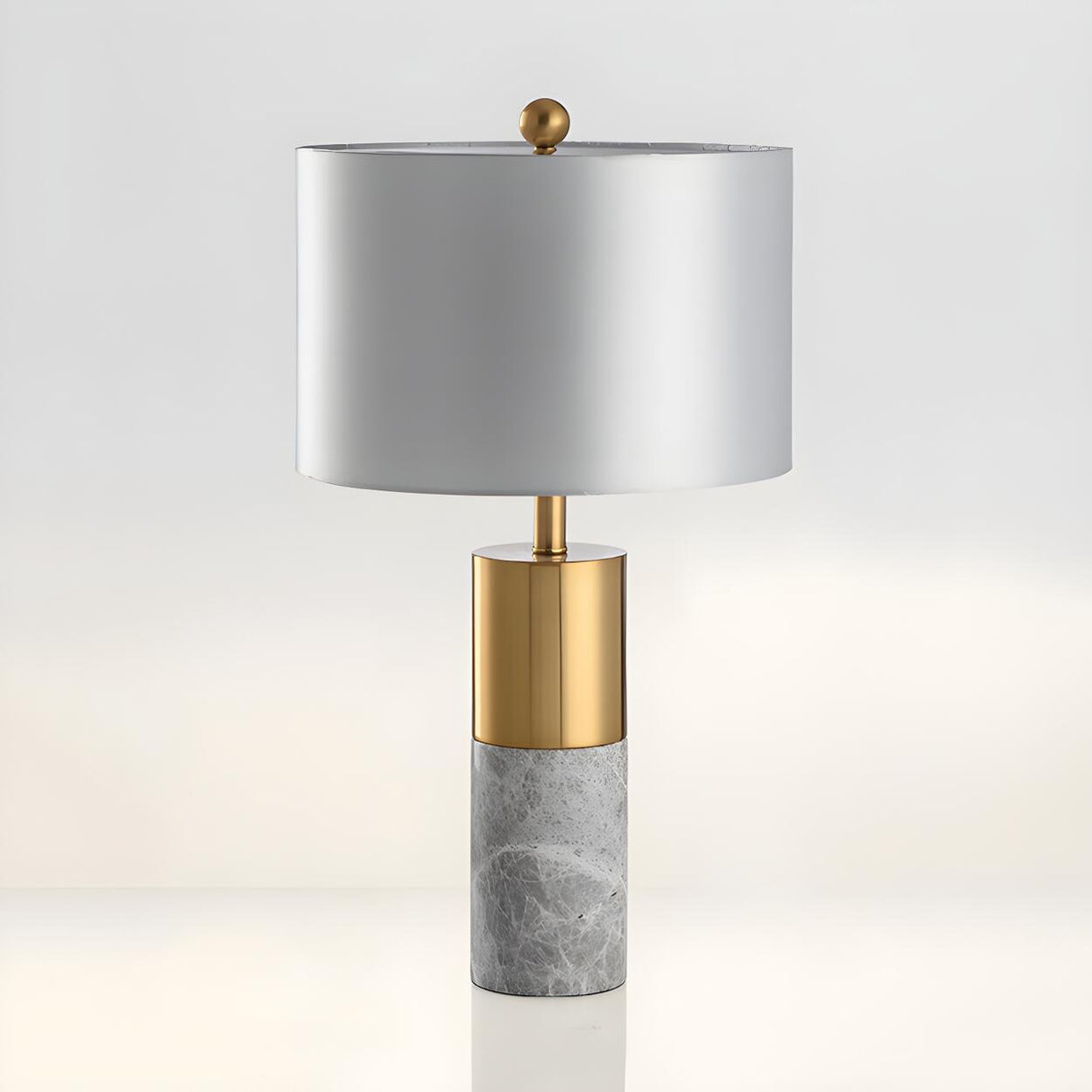 Modern White Cylinder Fabric Shade Stone Table Lamp Image - 9