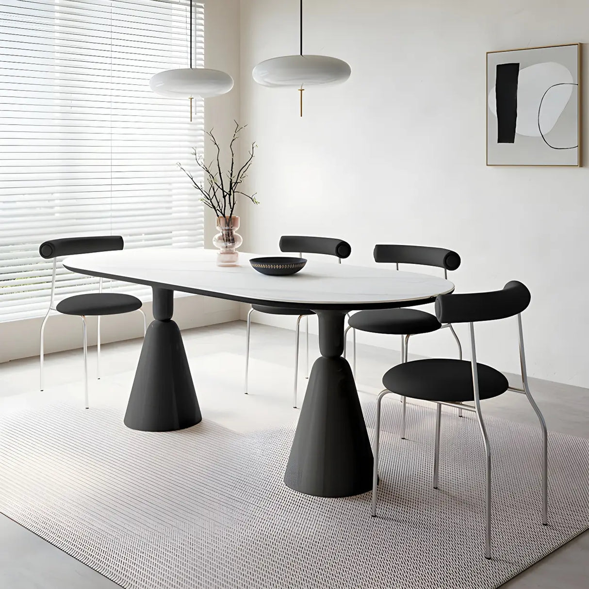 Modern White Double Pedestal Oval Ellipse Stone Dining Table Image - 1