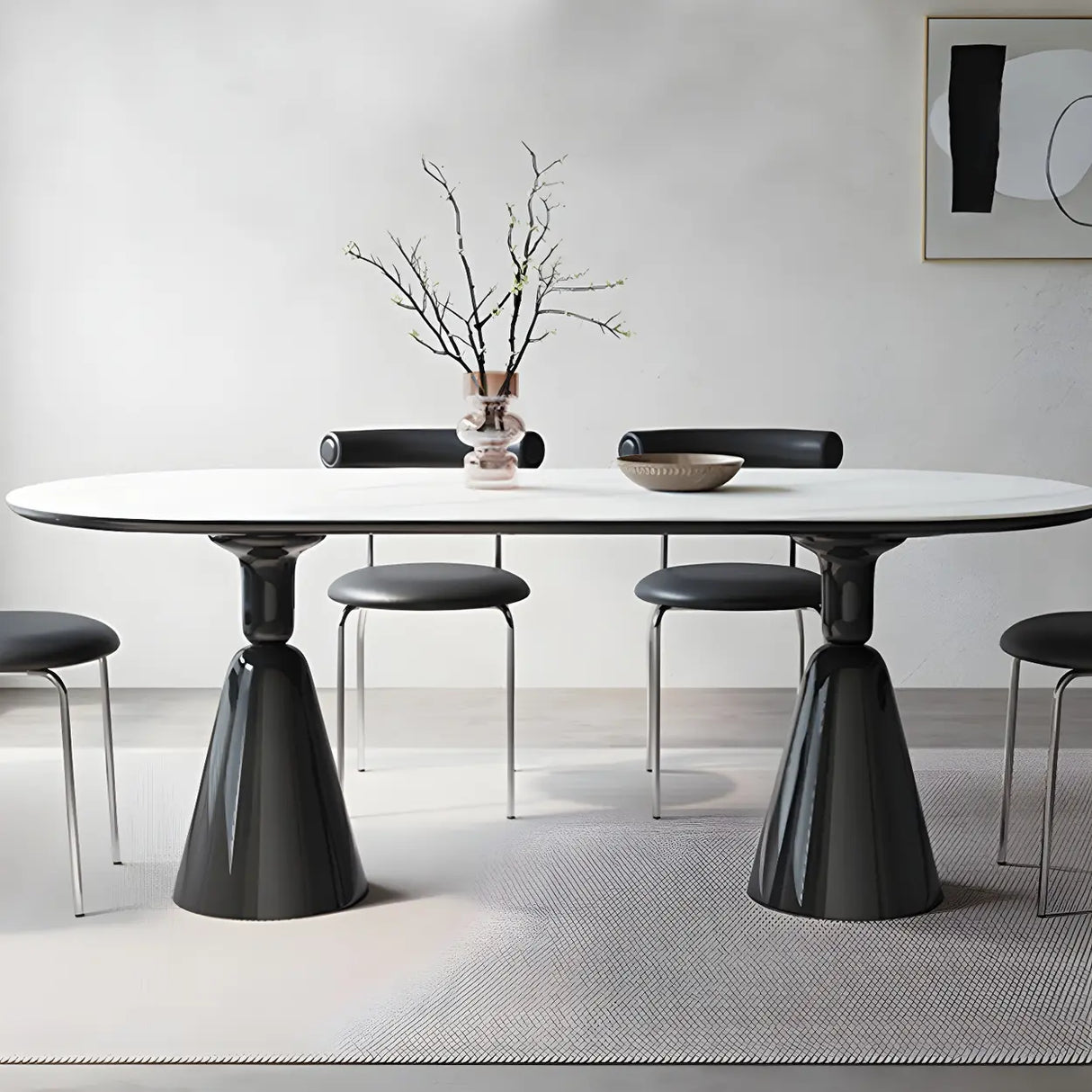 Modern White Double Pedestal Oval Ellipse Stone Dining Table Image - 2