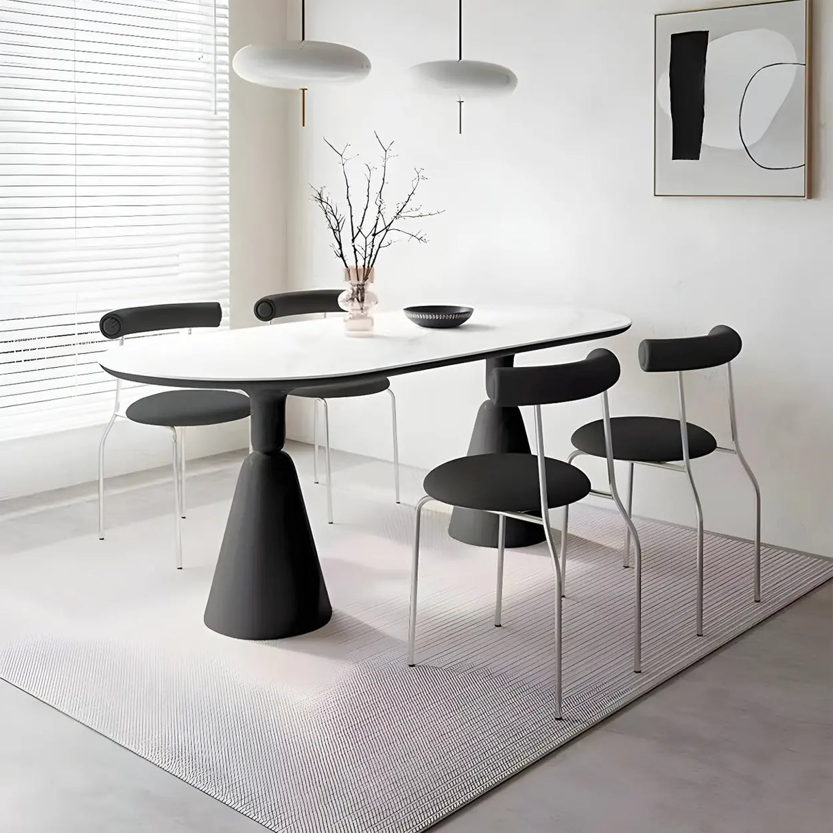 Modern White Double Pedestal Oval Ellipse Stone Dining Table Image - 3