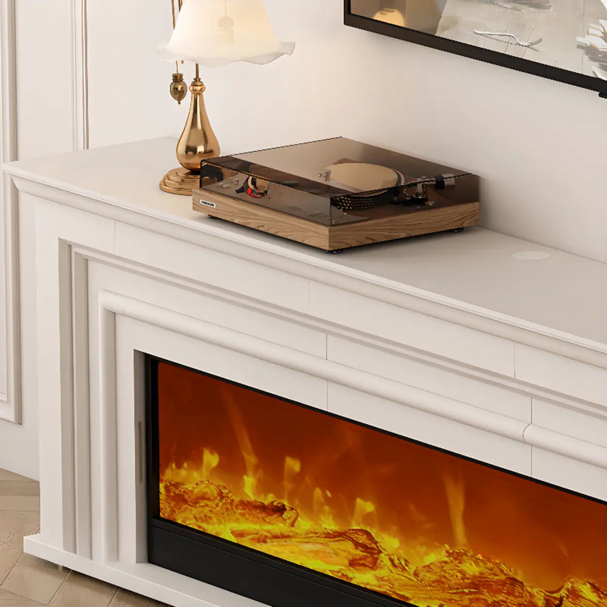 Modern White Electric Fireplace TV Stand with LED Flames Image - 12