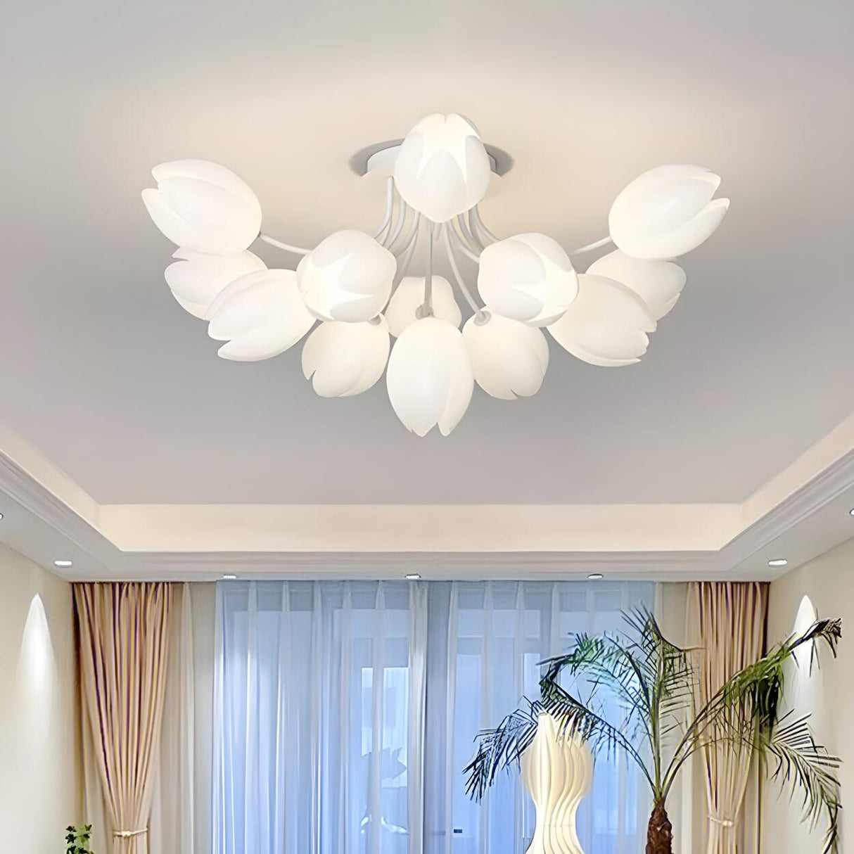 Modern White Elegant Flower Semi-Flush Mount Light Image - 1