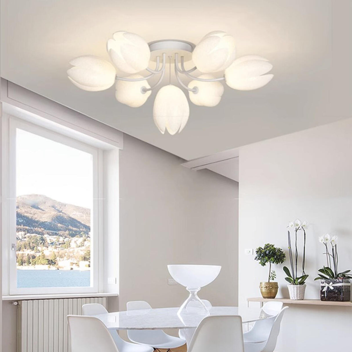 Modern White Elegant Flower Semi-Flush Mount Light Image - 3