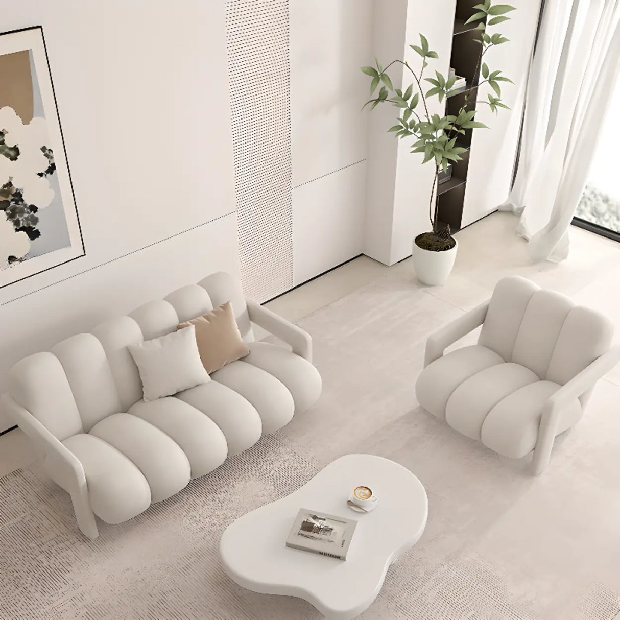 Modern White Frosted Velvet Sewn Pillow Back Loveseat Image - 1