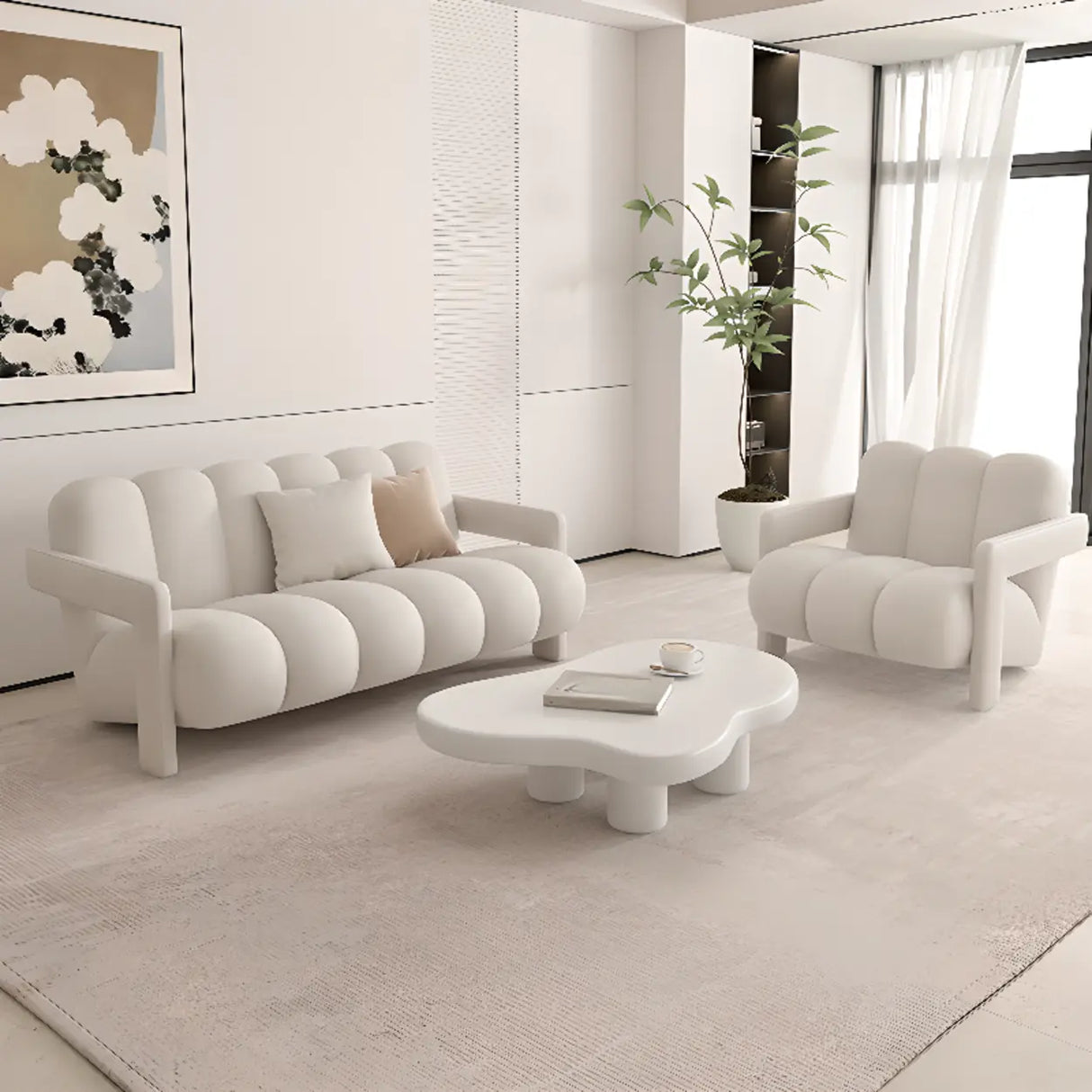 Modern White Frosted Velvet Sewn Pillow Back Loveseat Image - 4