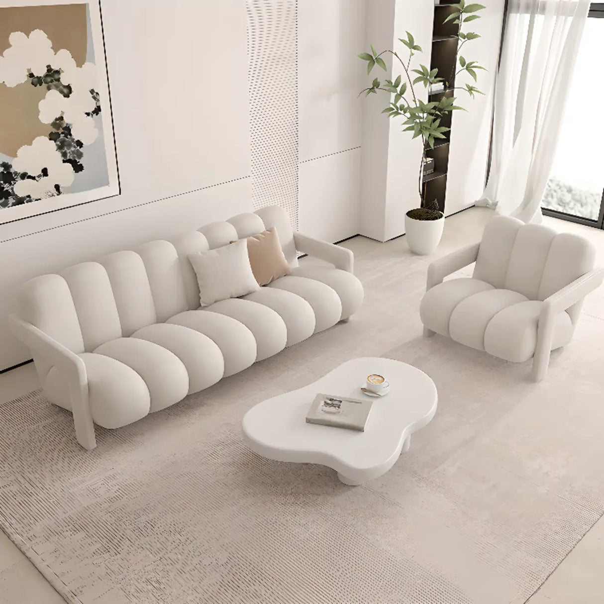 Modern White Frosted Velvet Sewn Pillow Back Loveseat Image - 5