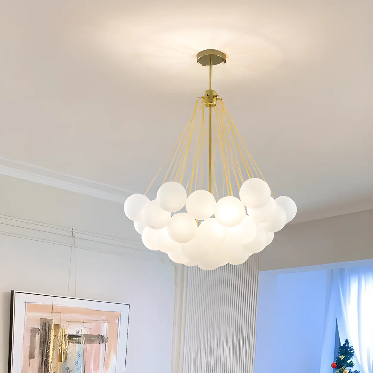 Modern White Glass Globe Cluster Chandelier Dining Room Image - 1
