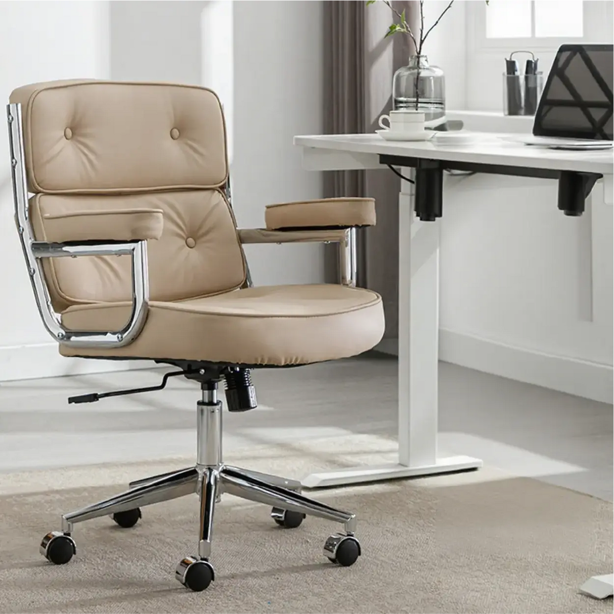 Modern White Leather Adjustable Swivel Ergonomic Office Chair Image - 2