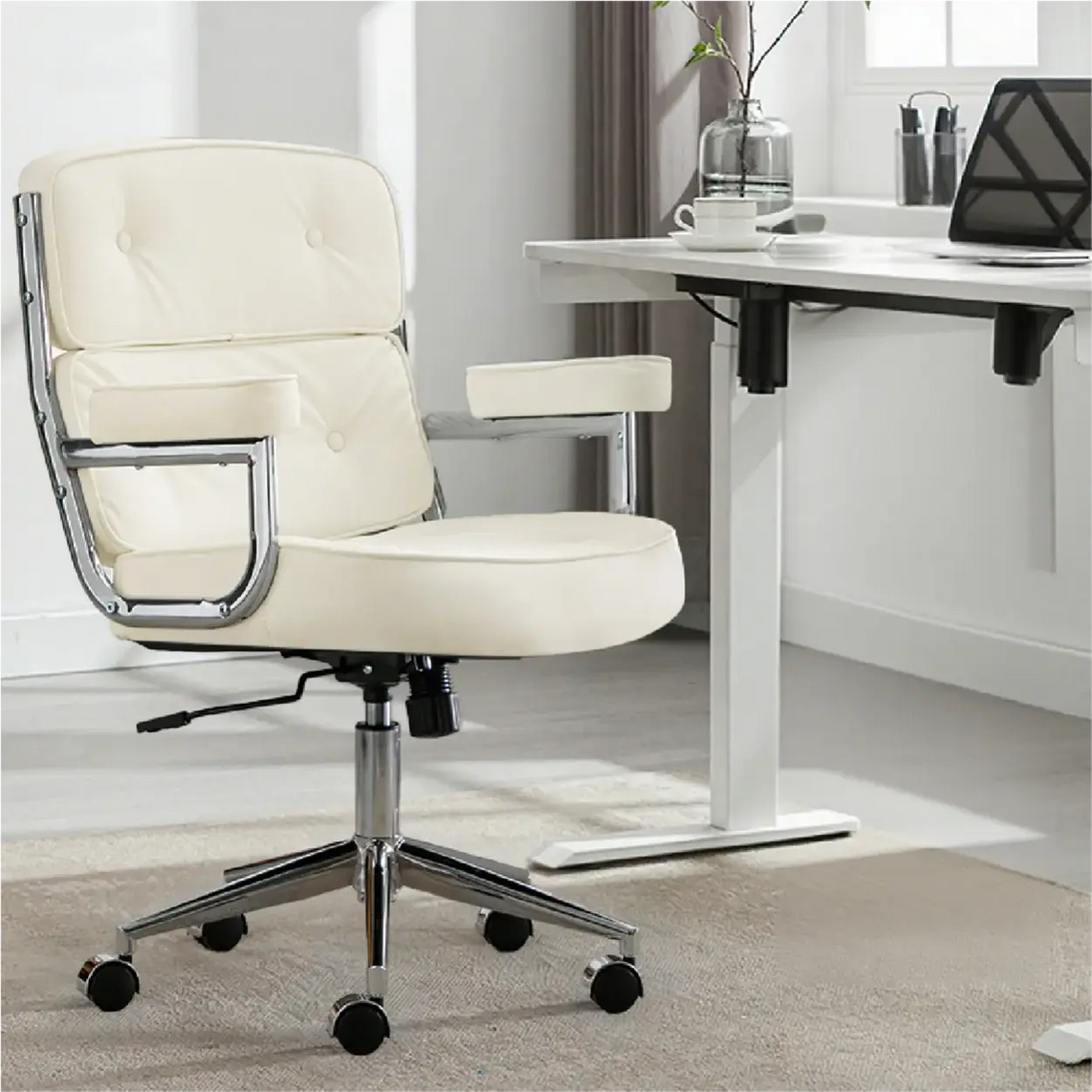 Modern White Leather Adjustable Swivel Ergonomic Office Chair Image - 3