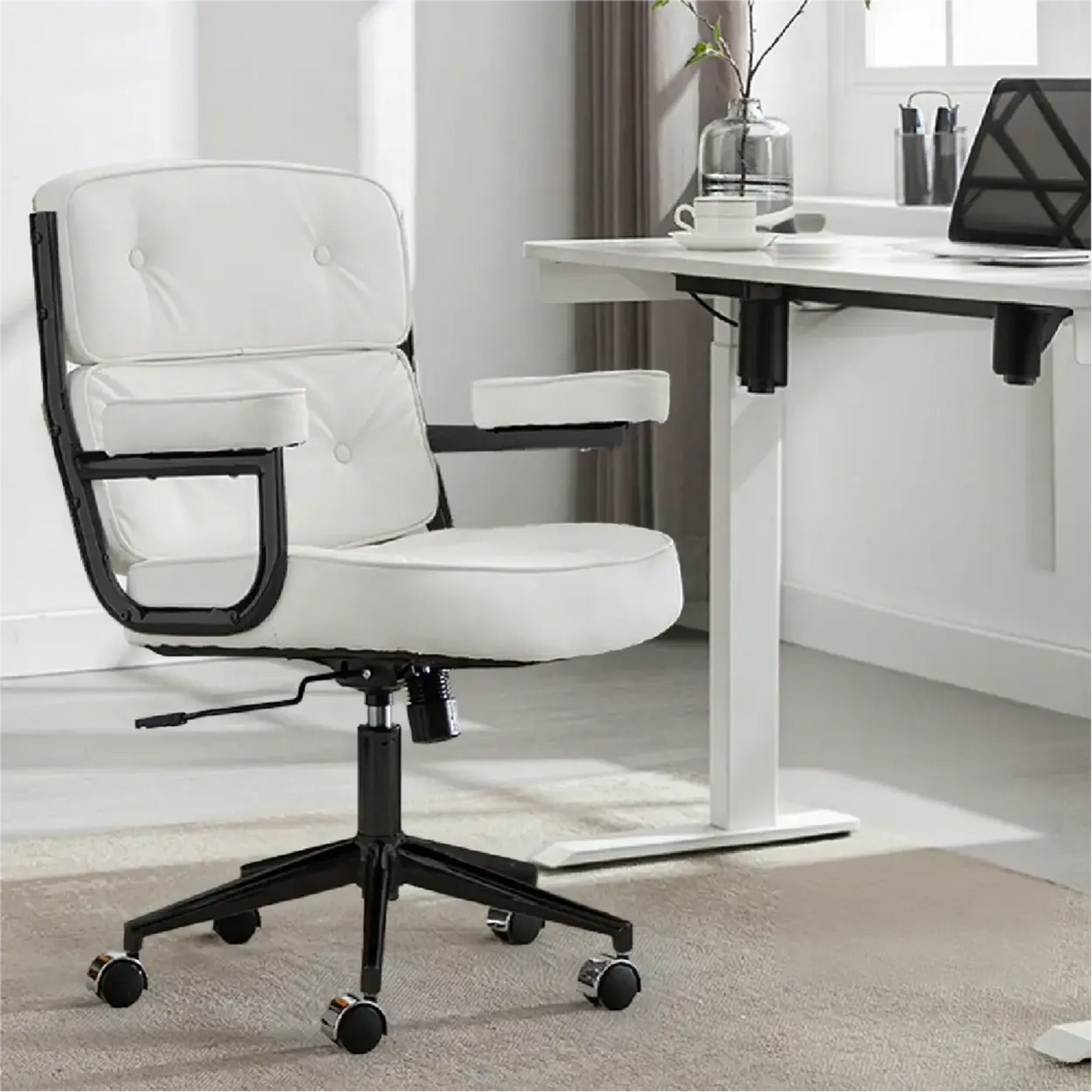 Modern White Leather Adjustable Swivel Ergonomic Office Chair Image - 8