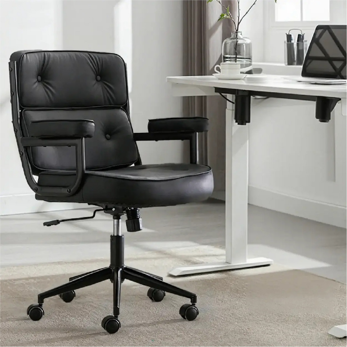 Modern White Leather Adjustable Swivel Ergonomic Office Chair Image - 9