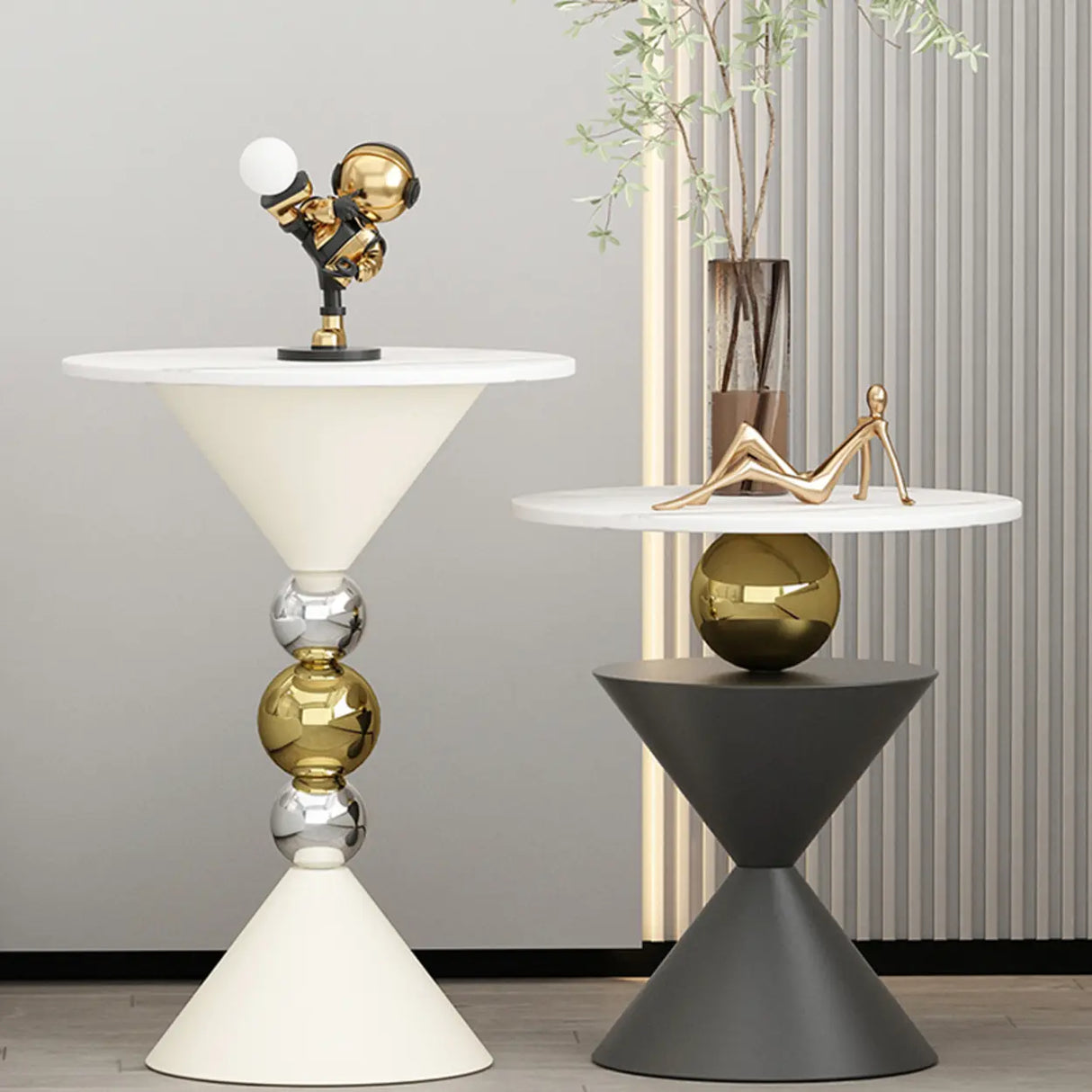 Modern White Marble Top Geometric Pedestal Side Table Image - 1