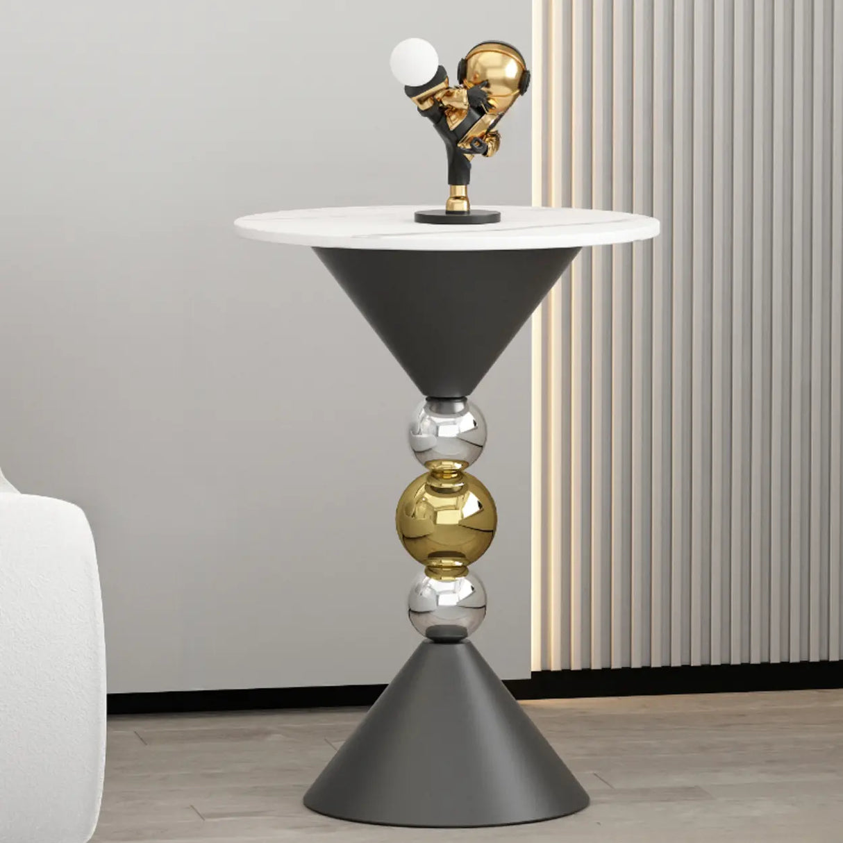 Modern White Marble Top Geometric Pedestal Side Table Image - 3