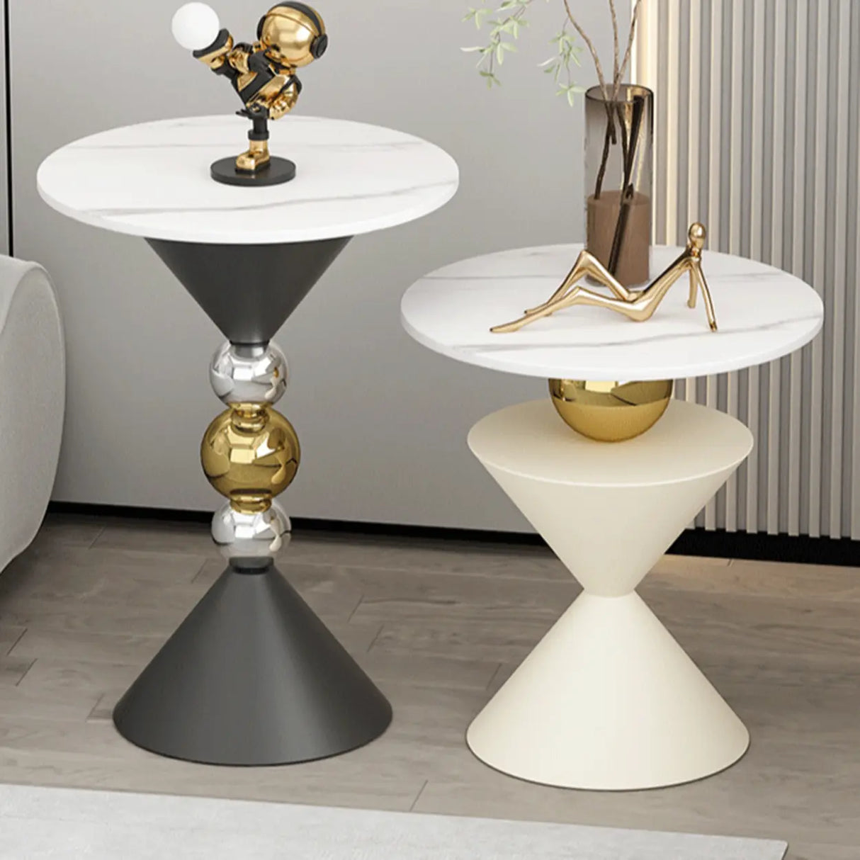 Modern White Marble Top Geometric Pedestal Side Table Image - 4