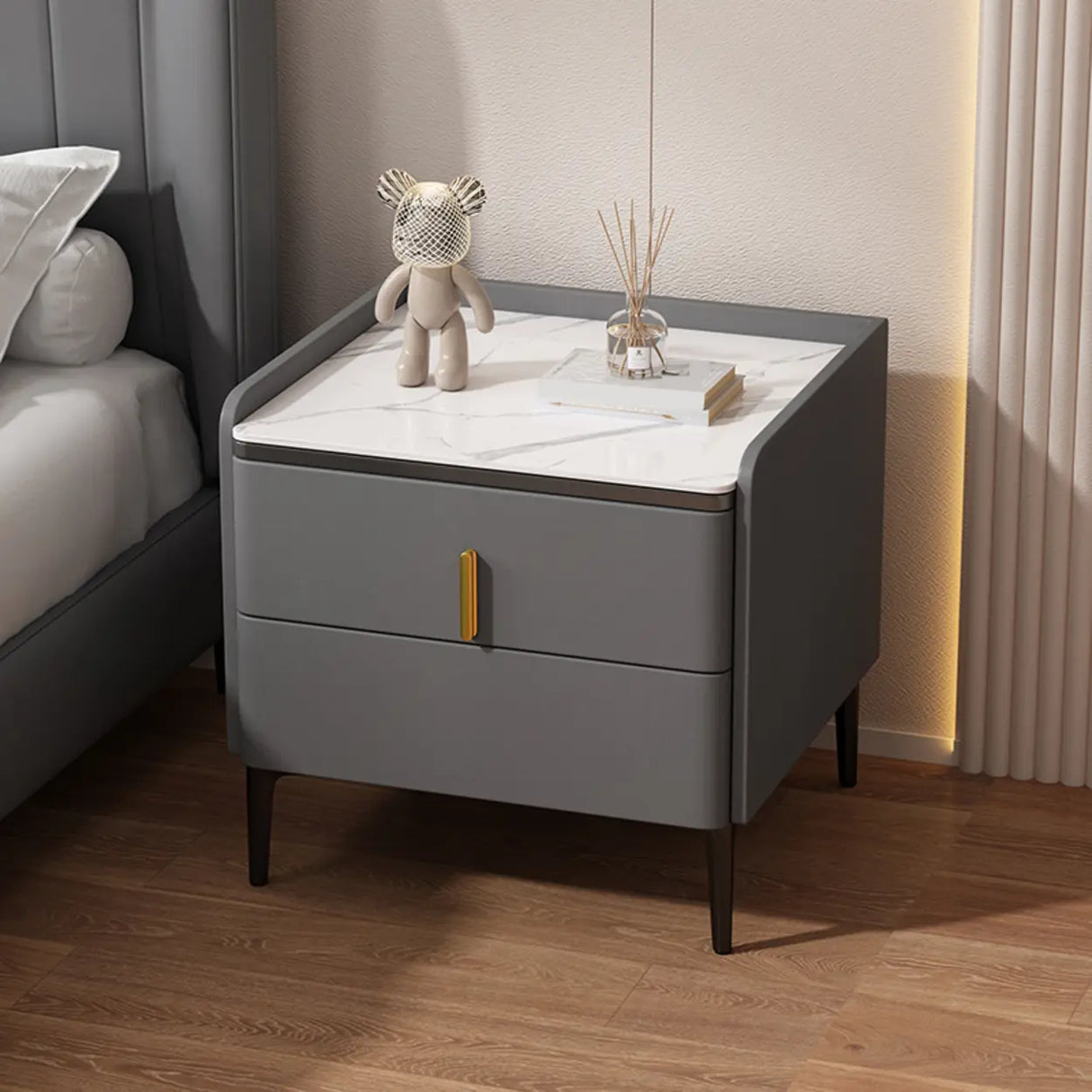 Modern White Marble Top Nightstand with Storage Drawer Image - 3
