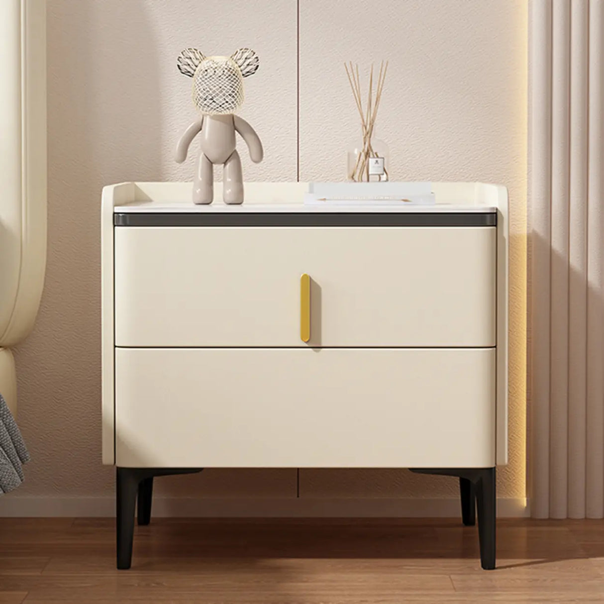 Modern White Marble Top Nightstand with Storage Drawer Image - 6