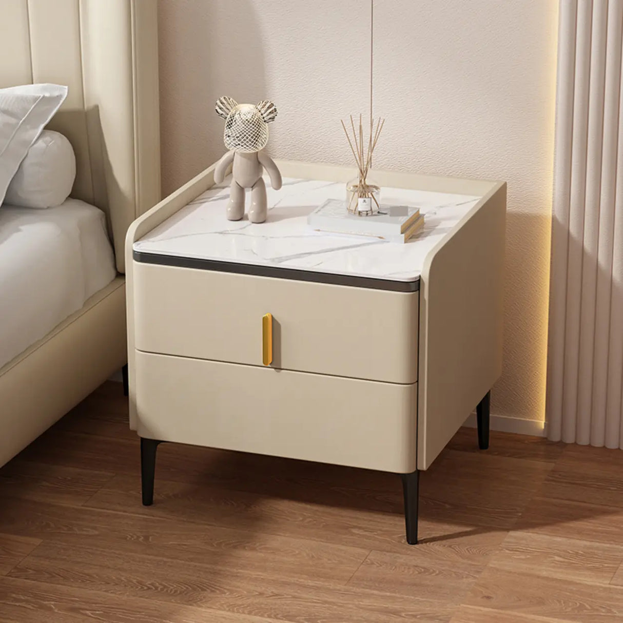 Modern White Marble Top Nightstand with Storage Drawer Image - 7
