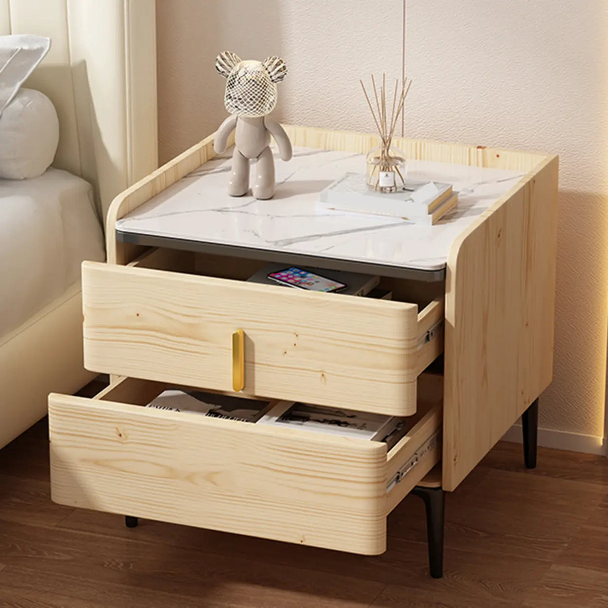 Modern White Marble Top Nightstand with Storage Drawer Image - 8