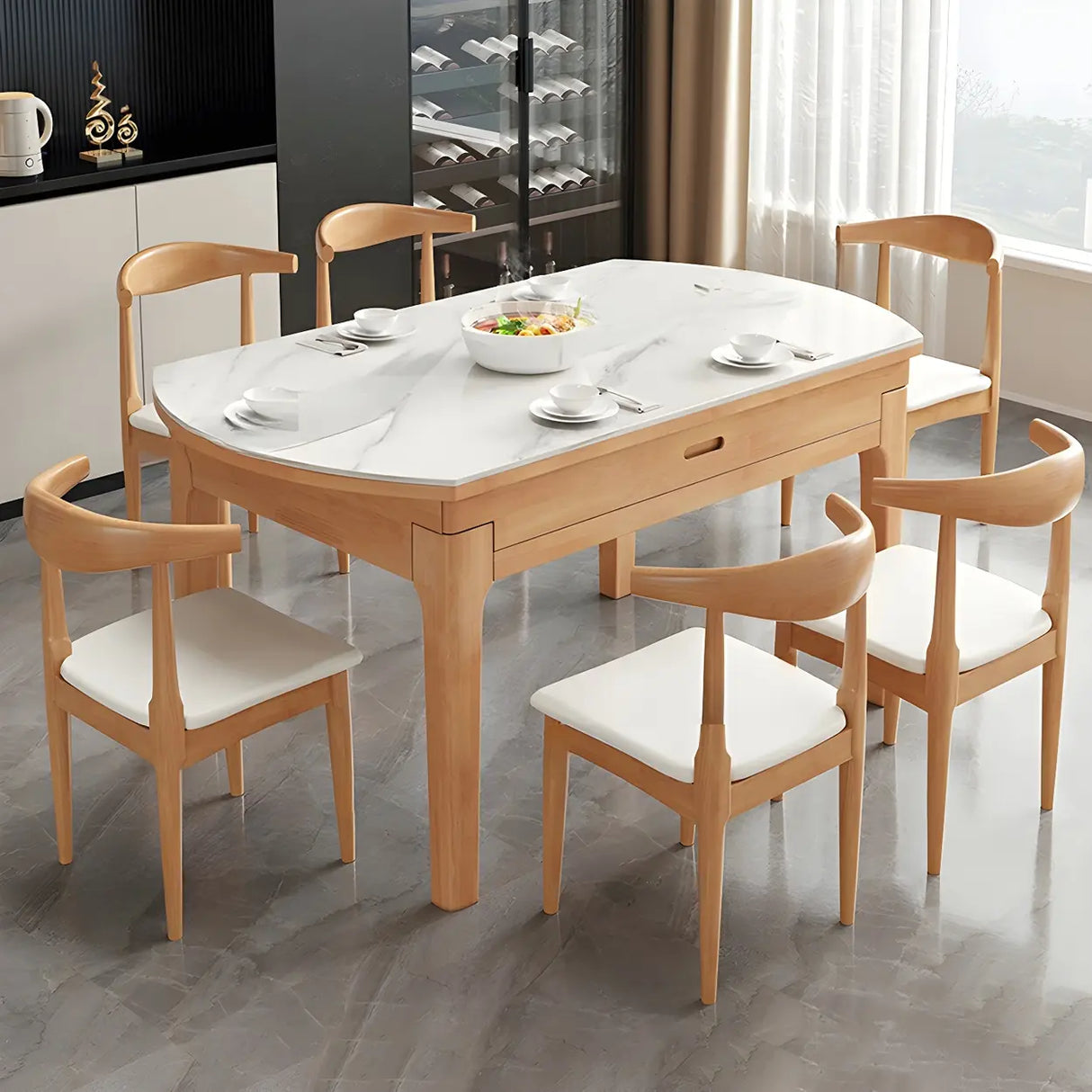 Modern White Oval Marble Dining Table Self-Storing Leaf Image - 3