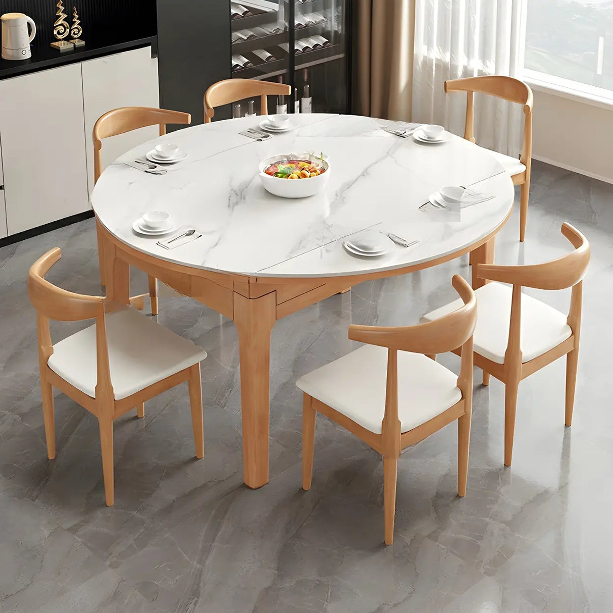 Modern White Oval Marble Dining Table Self-Storing Leaf Image - 4