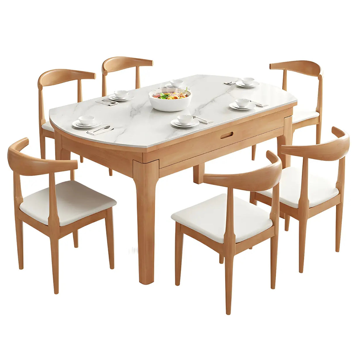 Modern White Oval Marble Dining Table Self-Storing Leaf Image - 5