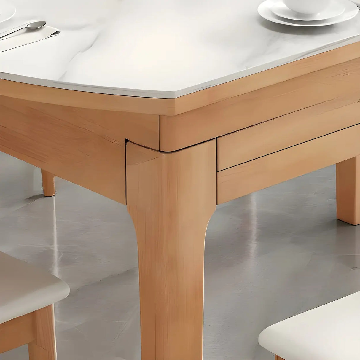 Modern White Oval Marble Dining Table Self-Storing Leaf Image - 7