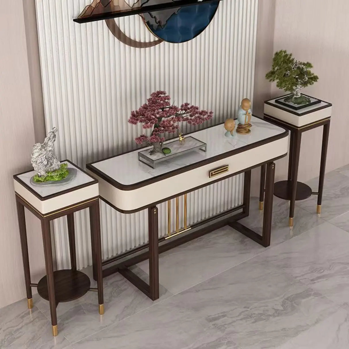 Modern White Rectangular Marble Console Table with Drawer Image - 1