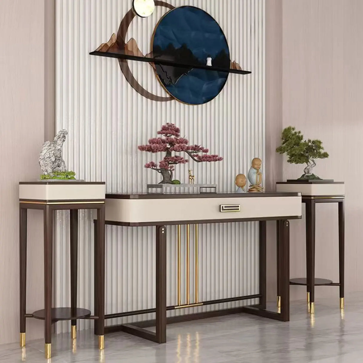 Modern White Rectangular Marble Console Table with Drawer Image - 2