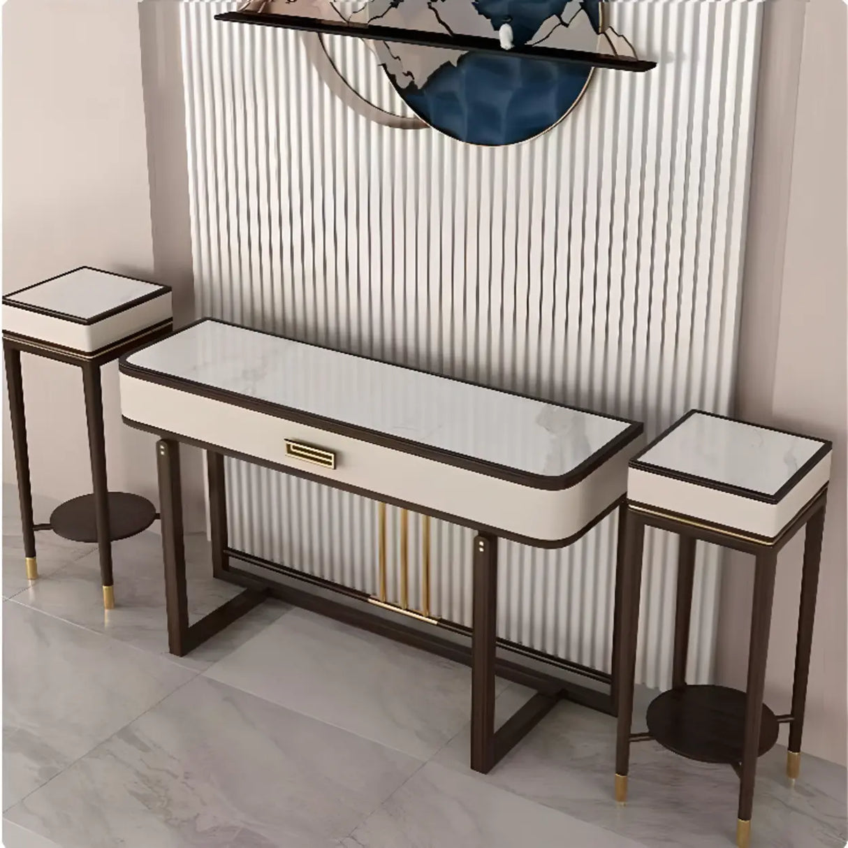Modern White Rectangular Marble Console Table with Drawer Image - 3