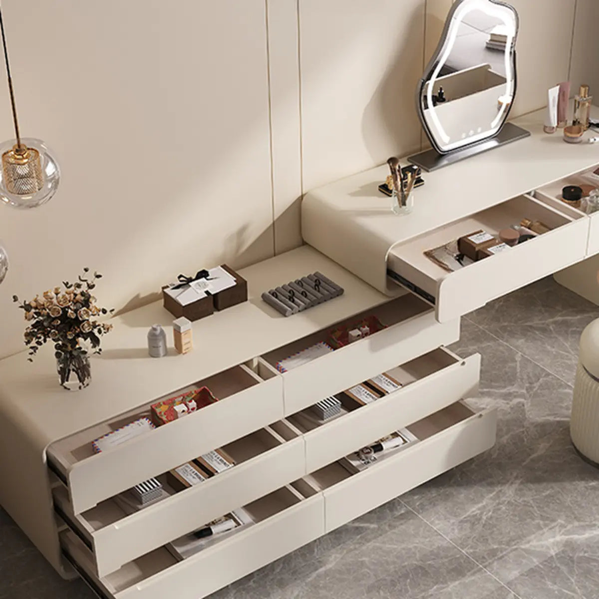 Modern White Rectangular Scalable Makeup Vanity with Drawers Image - 4