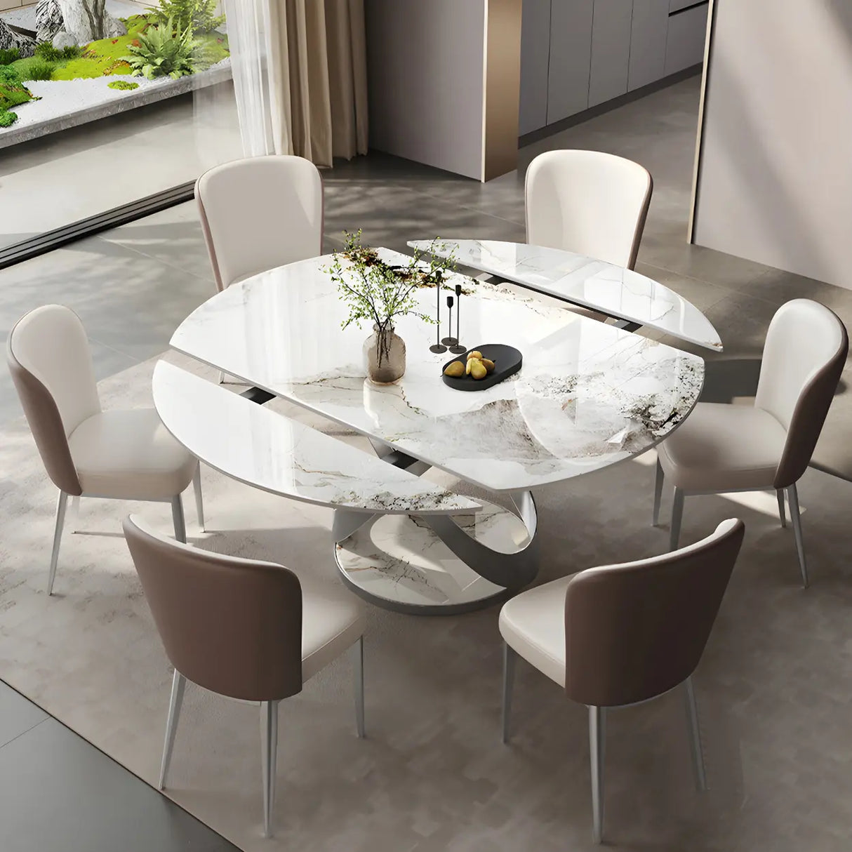 Modern White Round Marble Stone Dining Table Extendable Image - 3