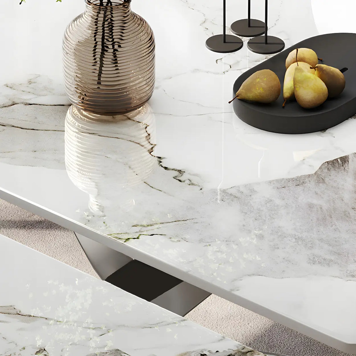 Modern White Round Marble Stone Dining Table Extendable Image - 4