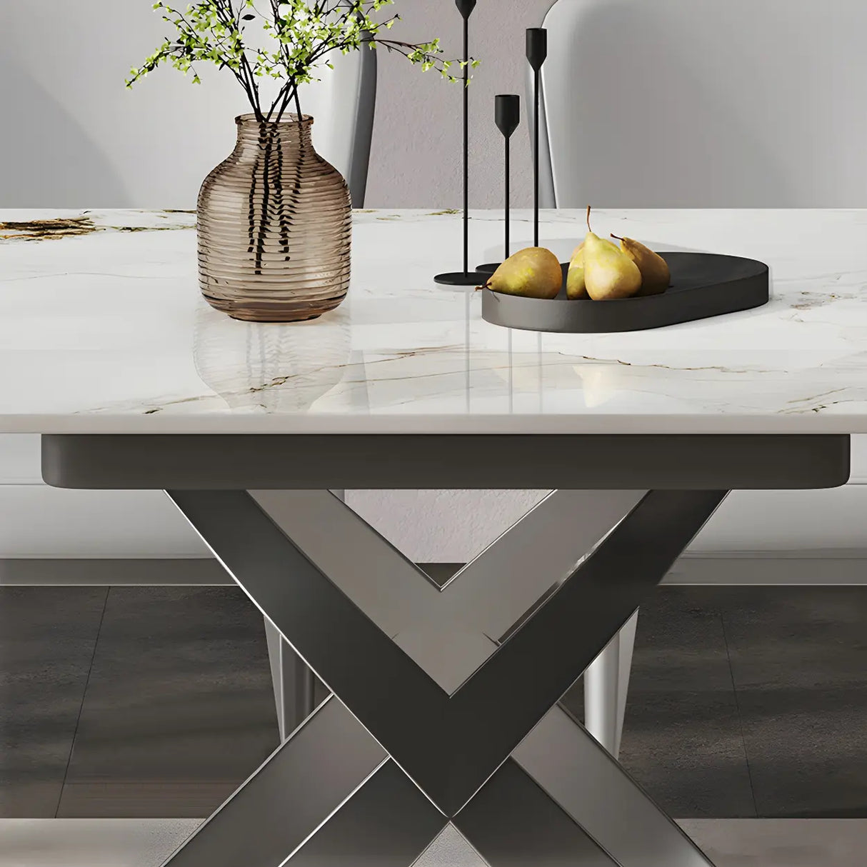 Modern White Round Marble Stone Dining Table Extendable Image - 7