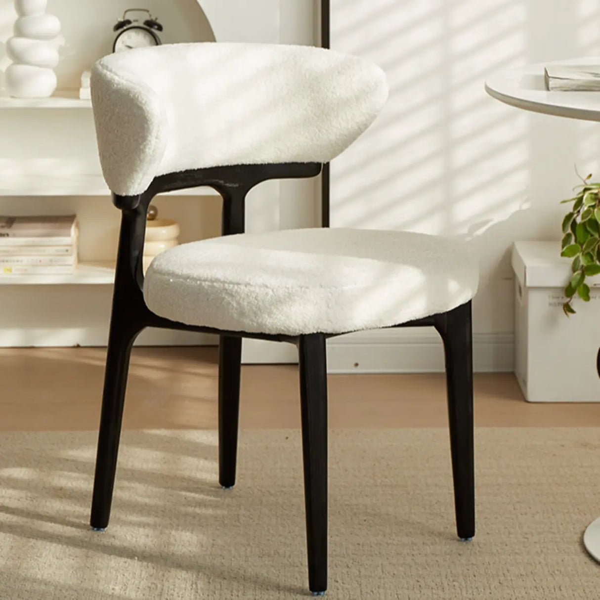 Modern White Sherpa Upholstered Dining Chair with Curved Back Image - 3