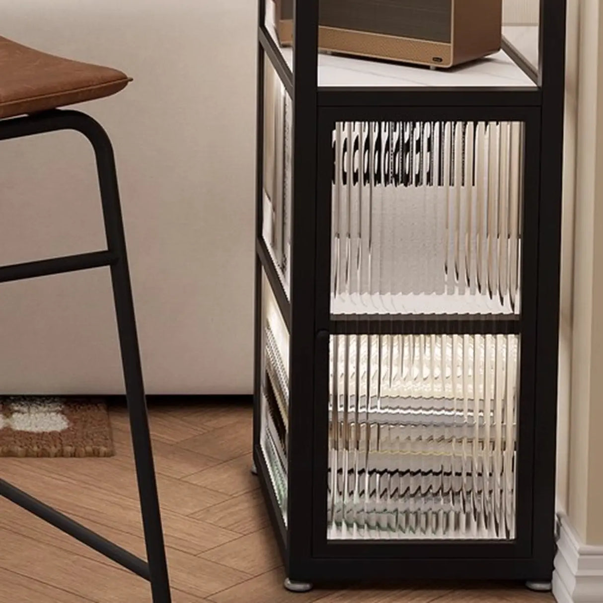 Modern White Stone Top Black Pedestal Glass Cabinet Bar Table Image - 6